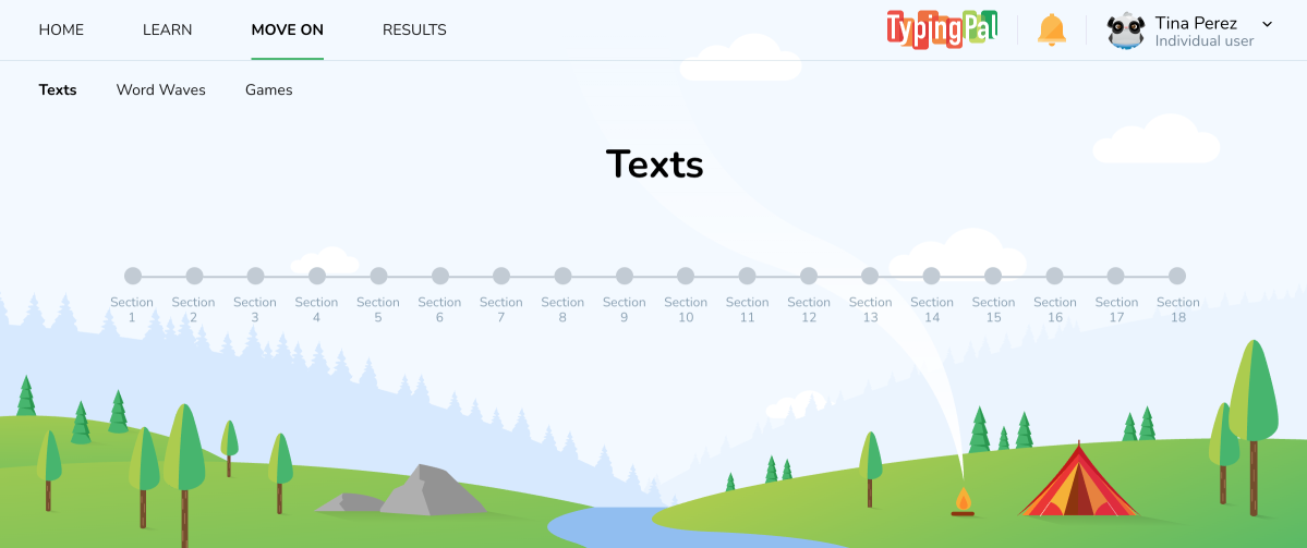 The _Move on_ tab to access the texts in the student interface